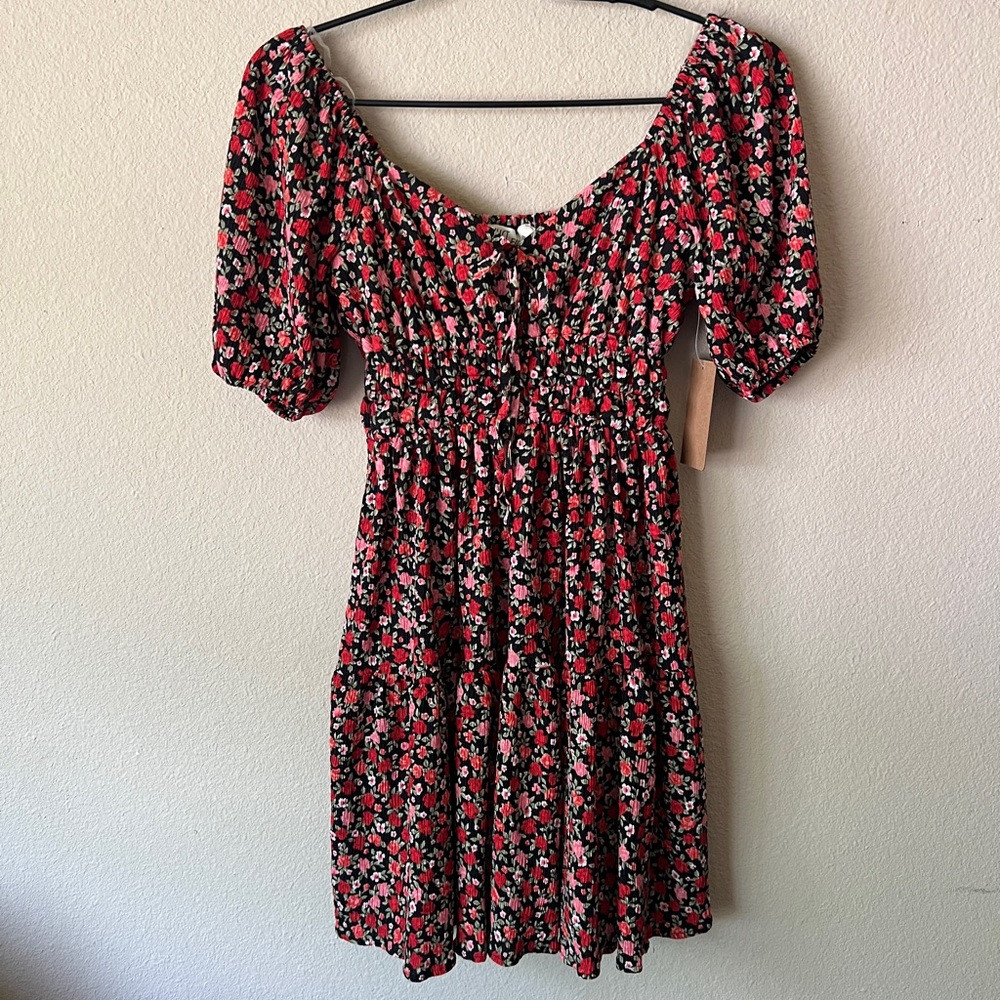 Smocked Puff-Sleeve Mini Dress in Red Floral on Black